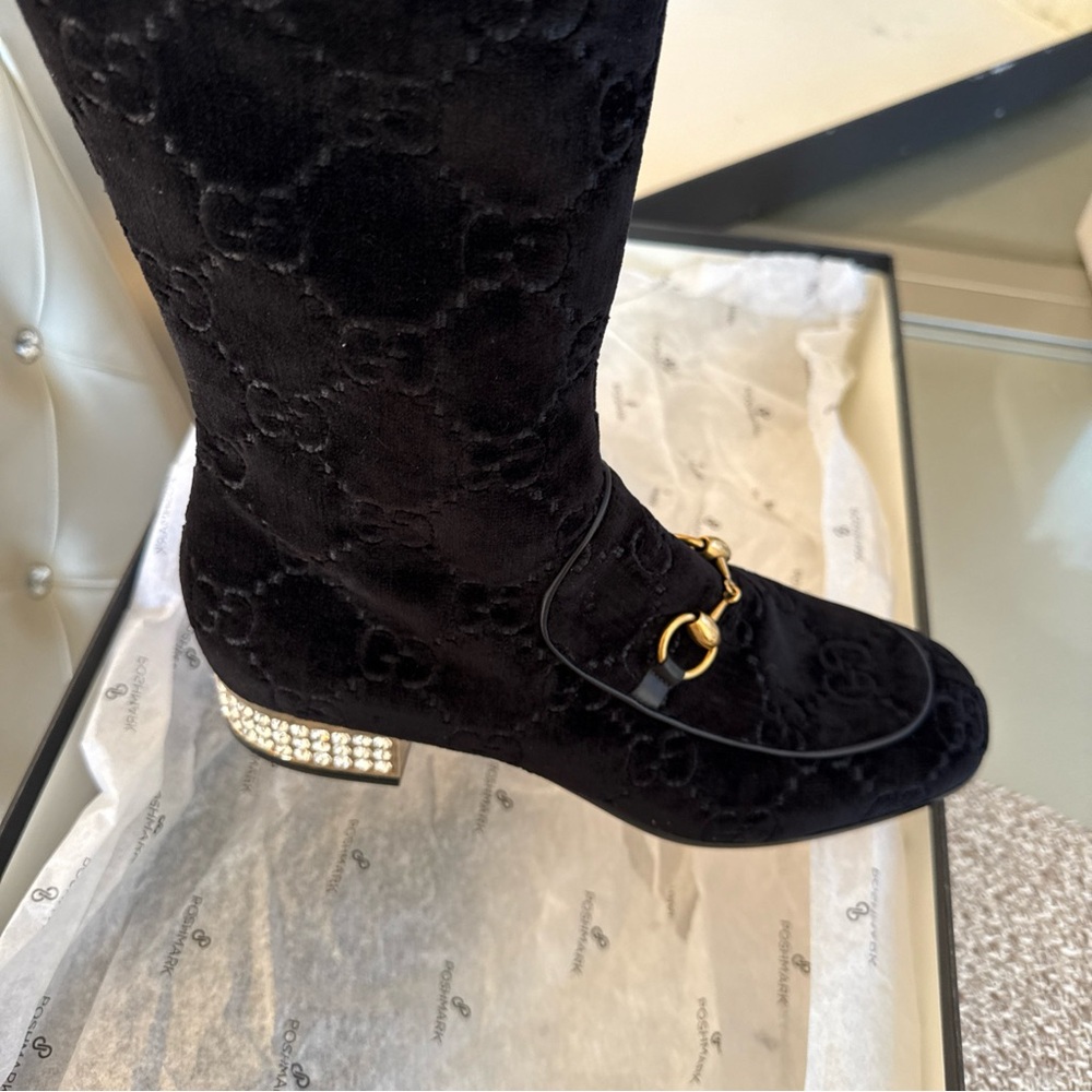 GUCCI VELOUR Black Women's Boots HORSEBIT BUCKLE, “ sparkling heel with stones